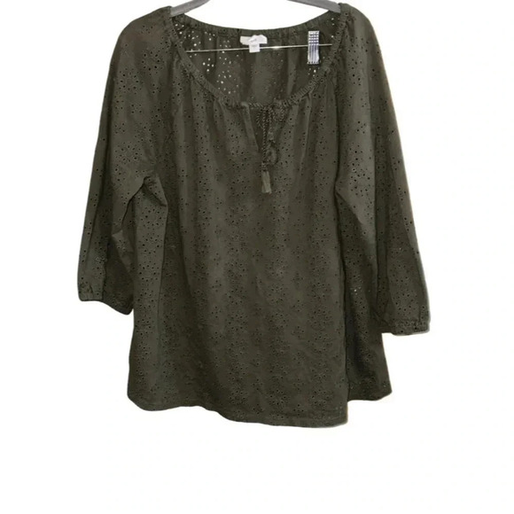 J. Jill Olive Green Eyelet Blouse Size Large - Picture 6 of 8